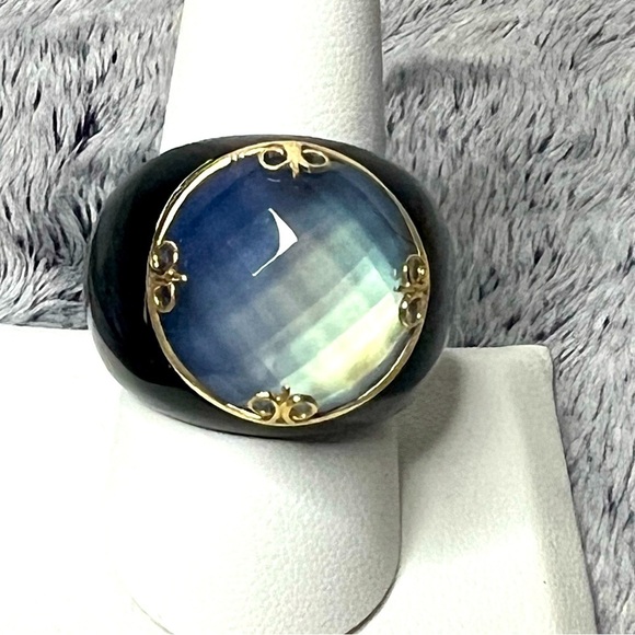 14K Yellow Gold Blue Quartz & Black Onyx Statement Ring Size 10 - Picture 1 of 10